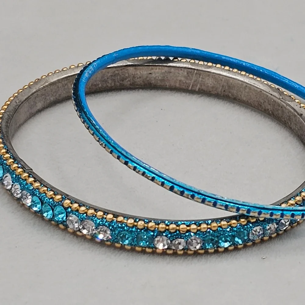 Rhinestone Bangle Bracelet + 1 Accent Bangle 2 Stackable Blue Teal Gold Tone